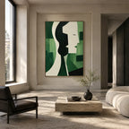 Ritrattistica minimalista e dipinto a olio con figure espressive o ritratti resi con dettagli pittorici in una tavolozza verde.