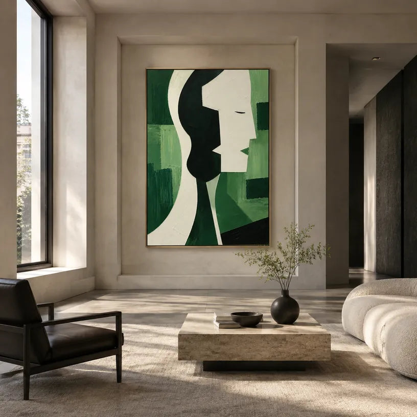 Minimalistisches Porträt- und Figurenölgemälde mit einer ausdrucksstarken Figur oder einem Porträt mit malerischen Details in einer grünen Farbpalette.