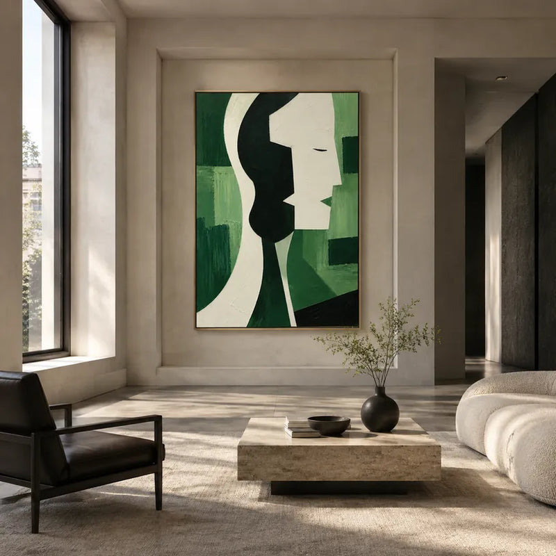 Ritrattistica minimalista e dipinto a olio con figure espressive o ritratti resi con dettagli pittorici in una tavolozza verde.