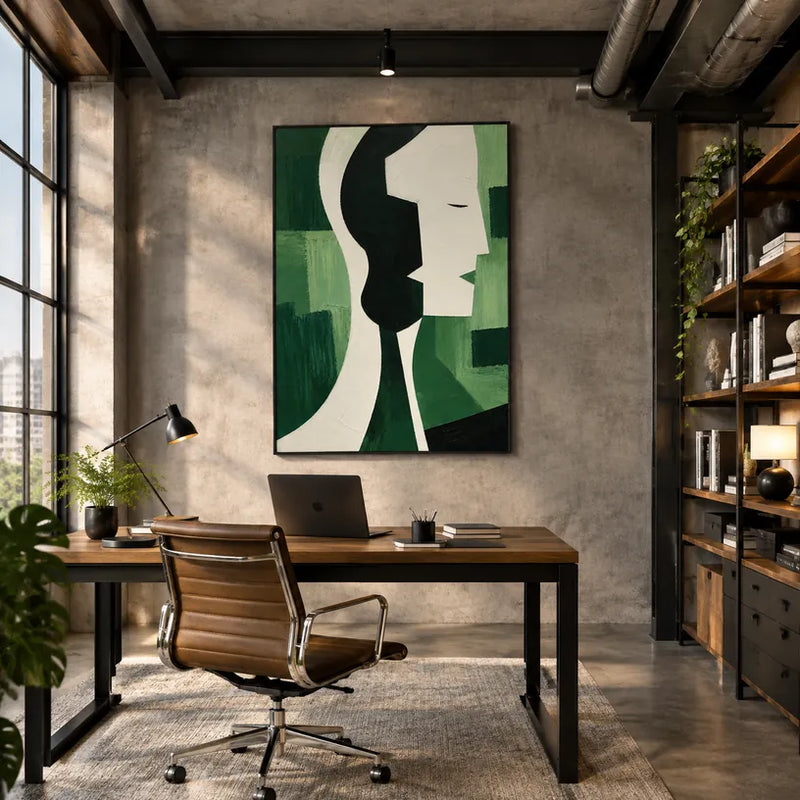 Ritrattistica minimalista e dipinto a olio con figure espressive o ritratti resi con dettagli pittorici in una tavolozza verde.