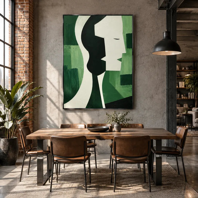 Ritrattistica minimalista e dipinto a olio con figure espressive o ritratti resi con dettagli pittorici in una tavolozza verde.