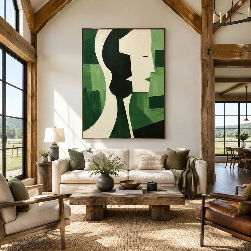 Ritrattistica minimalista e dipinto a olio con figure espressive o ritratti resi con dettagli pittorici in una tavolozza verde.