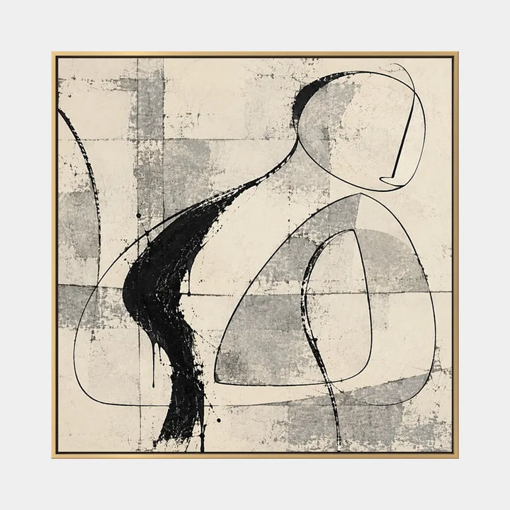 Pittura a olio minimalista astratta e concettuale con segni astratti stratificati, consistenza e movimento pittorico espressivo in una tavolozza beige.