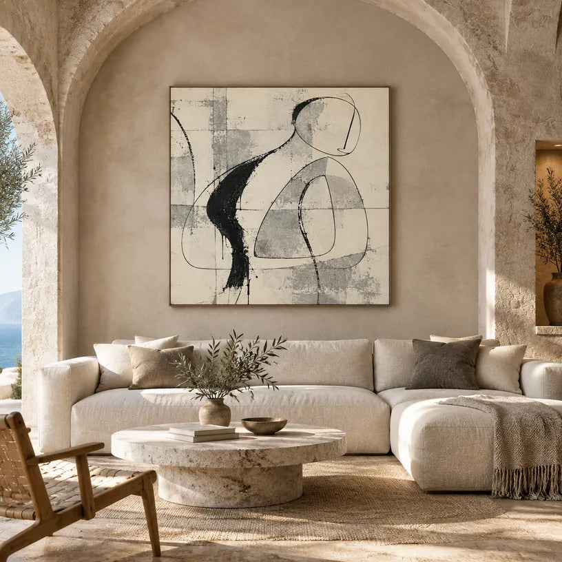 Pittura a olio minimalista astratta e concettuale con segni astratti stratificati, consistenza e movimento pittorico espressivo in una tavolozza beige.