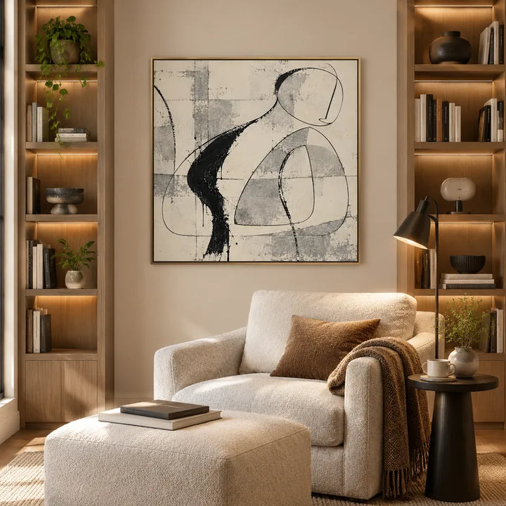 Pittura a olio minimalista astratta e concettuale con segni astratti stratificati, consistenza e movimento pittorico espressivo in una tavolozza beige.