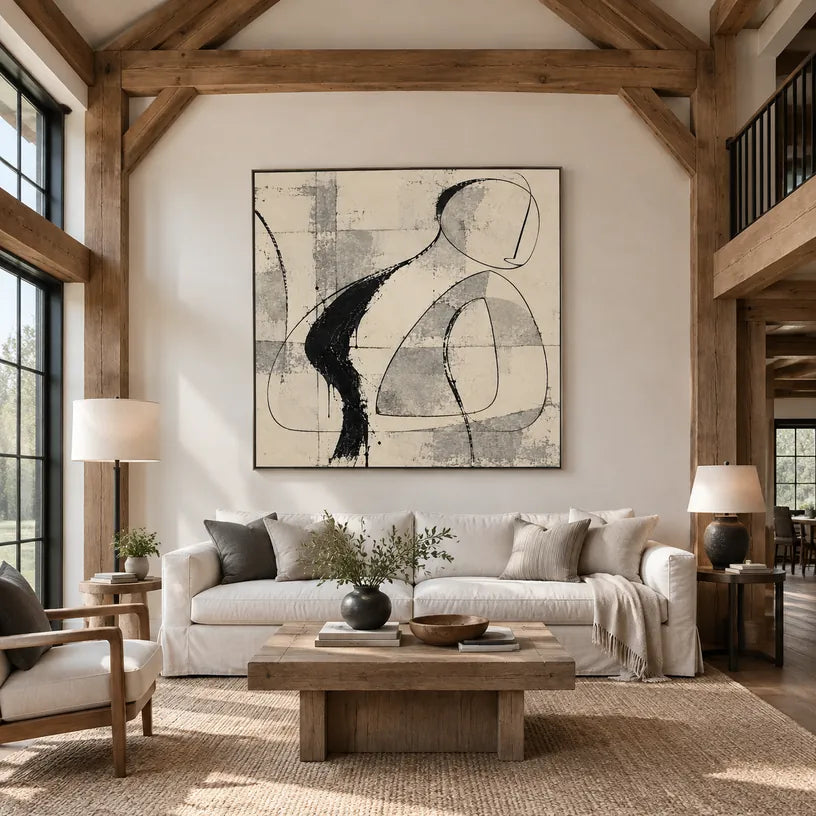 Minimalist abstract & conceptual oil painting featuring layered abstract marks, texture and expressive painterly movement in a beige palette.