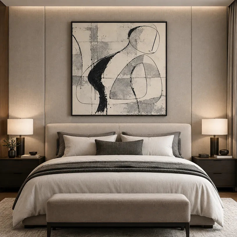 Minimalist abstract & conceptual oil painting featuring layered abstract marks, texture and expressive painterly movement in a beige palette.