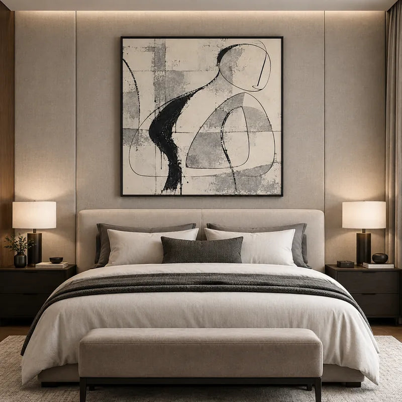 Minimalist abstract & conceptual oil painting featuring layered abstract marks, texture and expressive painterly movement in a beige palette.