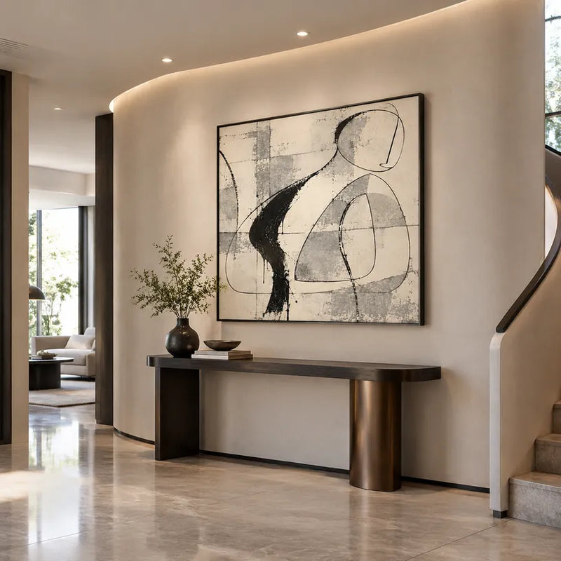 Minimalist abstract & conceptual oil painting featuring layered abstract marks, texture and expressive painterly movement in a beige palette.