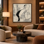 Minimalist abstract & conceptual oil painting featuring layered abstract marks, texture and expressive painterly movement in a beige palette.