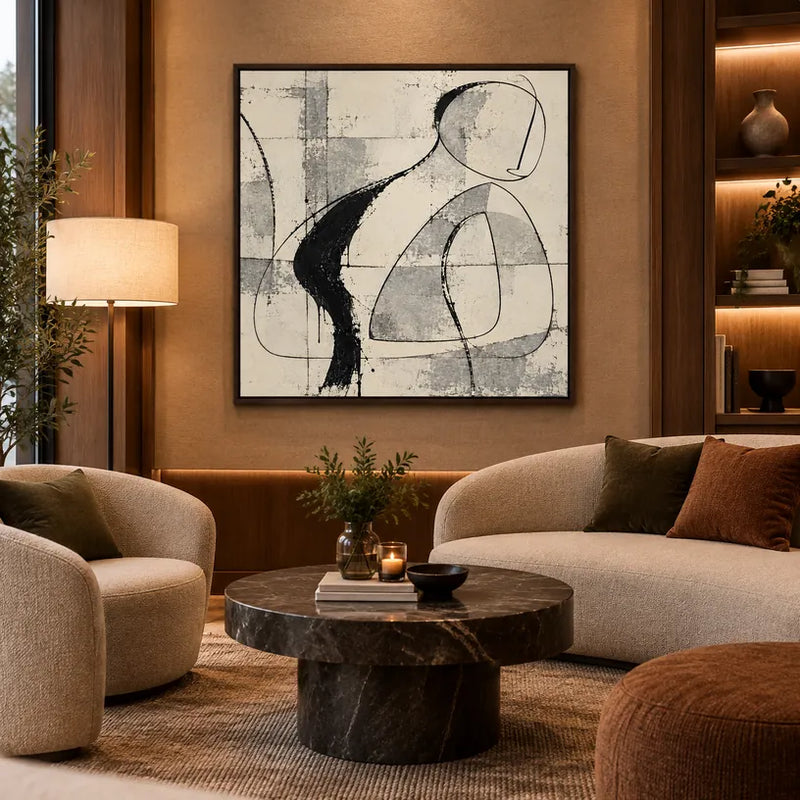 Minimalist abstract & conceptual oil painting featuring layered abstract marks, texture and expressive painterly movement in a beige palette.