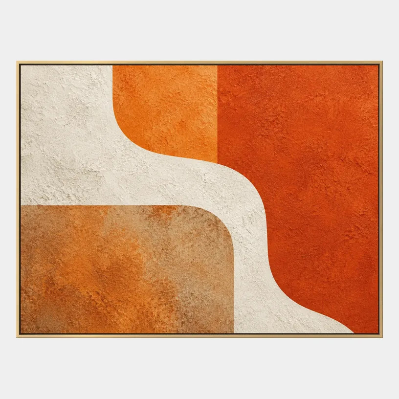 Pintura al óleo minimalista abstracta y conceptual que presenta marcas abstractas en capas, textura y movimiento pictórico expresivo en una paleta naranja.