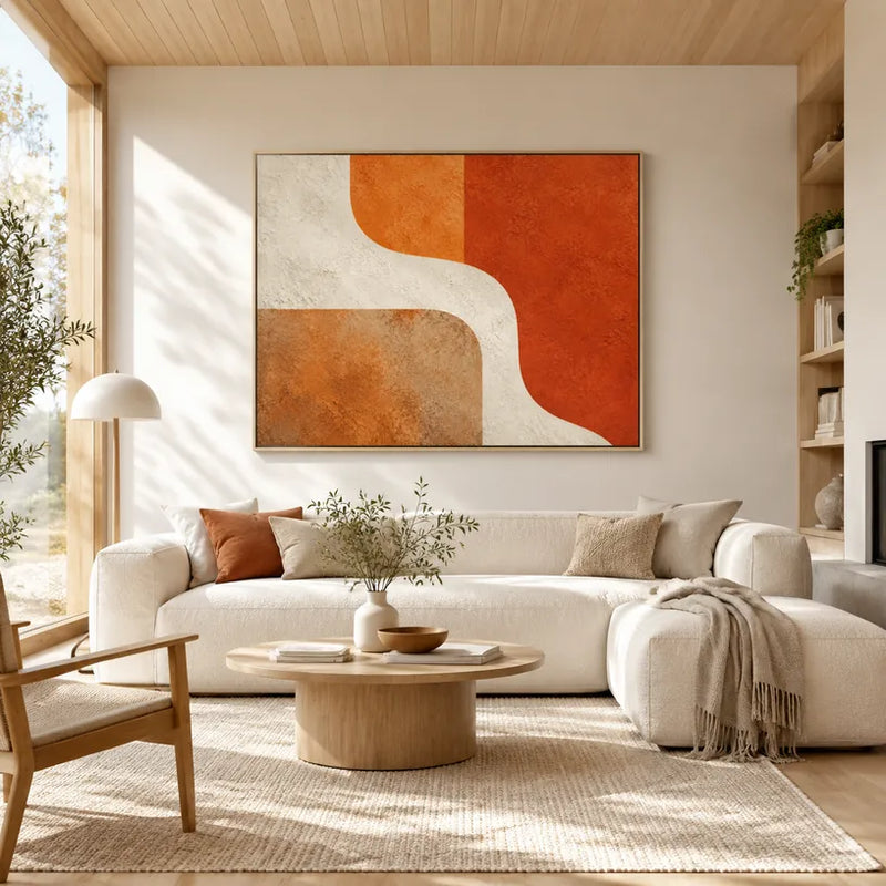 Minimalistisches abstraktes und konzeptuelles Ölgemälde mit geschichteten abstrakten Zeichen, Textur und ausdrucksstarker malerischer Bewegung in einer orangefarbenen Palette.