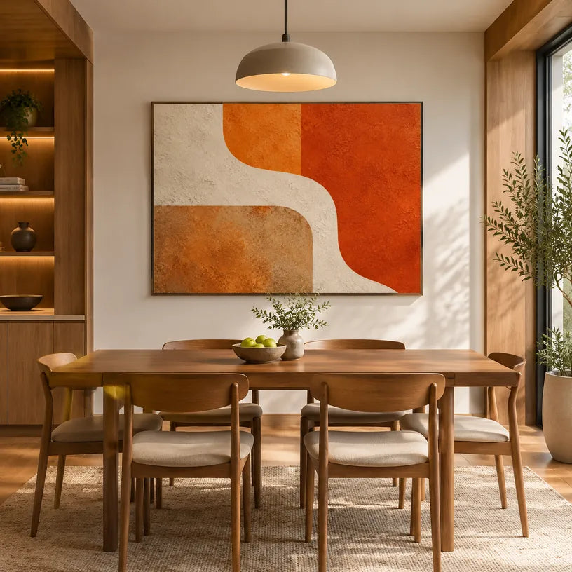 Minimalistisches abstraktes und konzeptuelles Ölgemälde mit geschichteten abstrakten Zeichen, Textur und ausdrucksstarker malerischer Bewegung in einer orangefarbenen Palette.