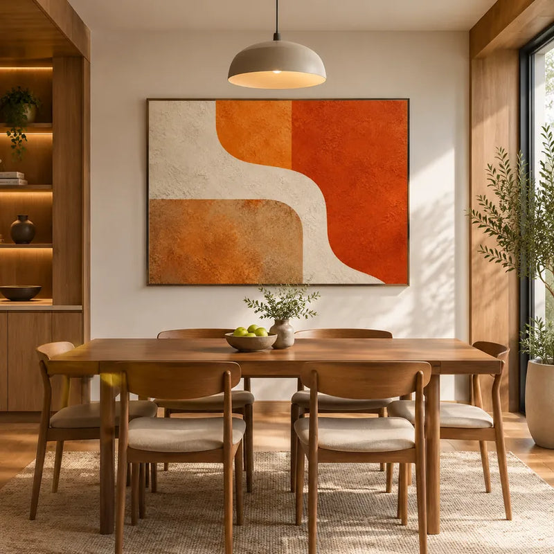 Minimalistisches abstraktes und konzeptuelles Ölgemälde mit geschichteten abstrakten Zeichen, Textur und ausdrucksstarker malerischer Bewegung in einer orangefarbenen Palette.