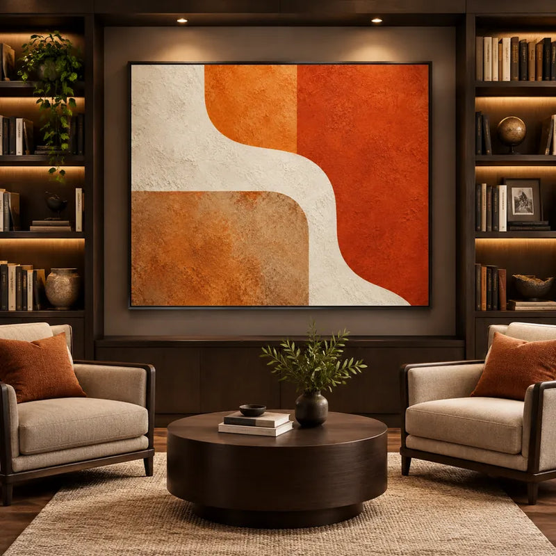 Minimalistisches abstraktes und konzeptuelles Ölgemälde mit geschichteten abstrakten Zeichen, Textur und ausdrucksstarker malerischer Bewegung in einer orangefarbenen Palette.