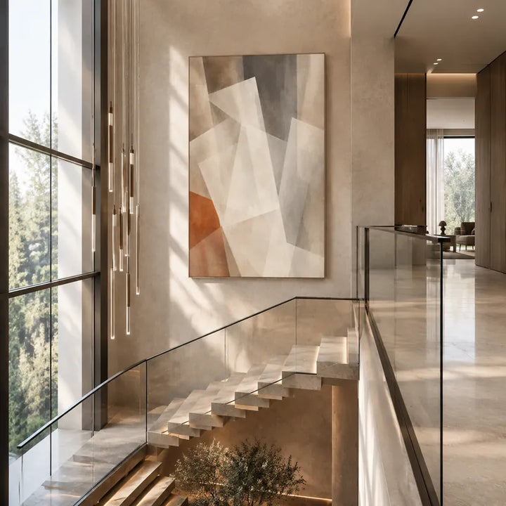 Pittura a olio minimalista astratta e concettuale con segni astratti stratificati, consistenza e movimento pittorico espressivo in una tavolozza beige.