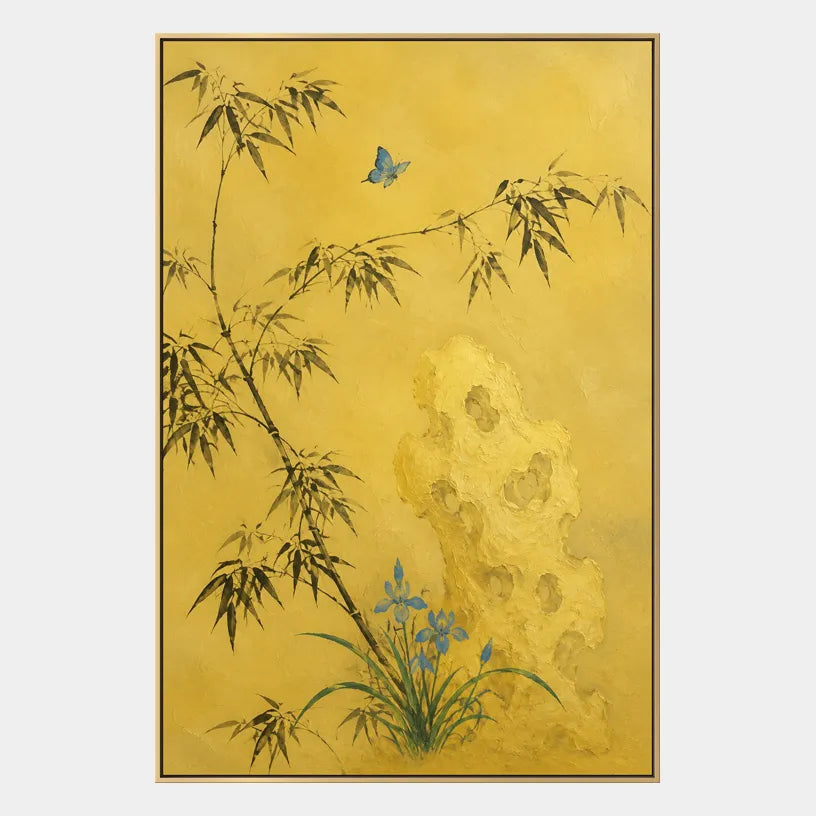 Modern Ukiyo-E floral/botanicals & nature oil painting showing botanical forms, flowers or trees arranged in a calm painterly composition in a yellow palette.