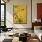 Modern Ukiyo-E floral/botanicals & nature oil painting showing botanical forms, flowers or trees arranged in a calm painterly composition in a yellow palette.