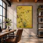 Modern Ukiyo-E floral/botanicals & nature oil painting showing botanical forms, flowers or trees arranged in a calm painterly composition in a yellow palette.