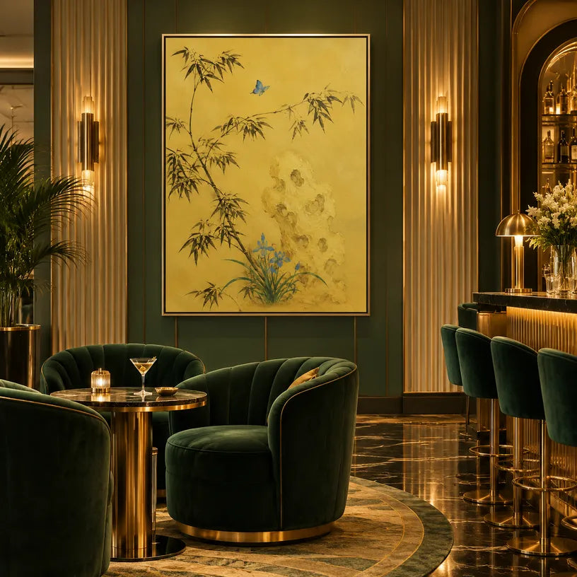 Modern Ukiyo-E floral/botanicals & nature oil painting showing botanical forms, flowers or trees arranged in a calm painterly composition in a yellow palette.