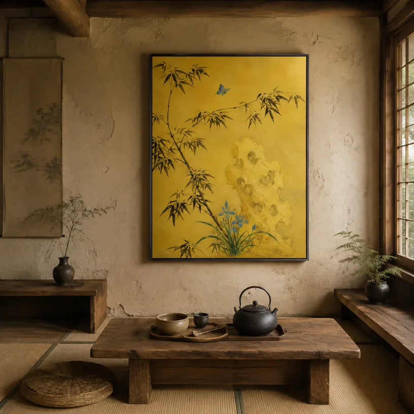 Modern Ukiyo-E floral/botanicals & nature oil painting showing botanical forms, flowers or trees arranged in a calm painterly composition in a yellow palette.