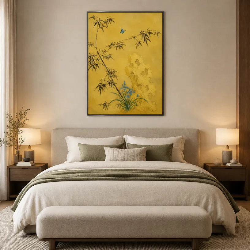 Modern Ukiyo-E floral/botanicals & nature oil painting showing botanical forms, flowers or trees arranged in a calm painterly composition in a yellow palette.