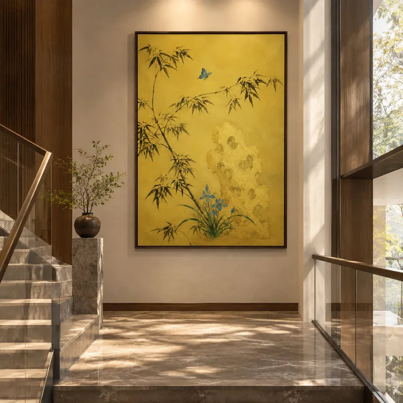 Modern Ukiyo-E floral/botanicals & nature oil painting showing botanical forms, flowers or trees arranged in a calm painterly composition in a yellow palette.