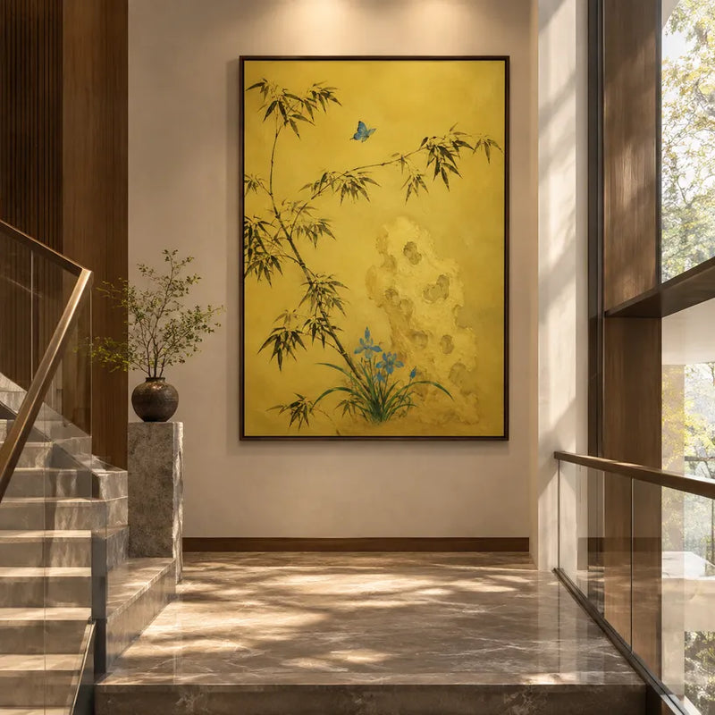 Modernes Blumen-/Pflanzen- und Naturölgemälde von Ukiyo-E mit botanischen Formen, Blumen oder natürlichen Elementen in einer malerischen Komposition in einer gelben Palette.