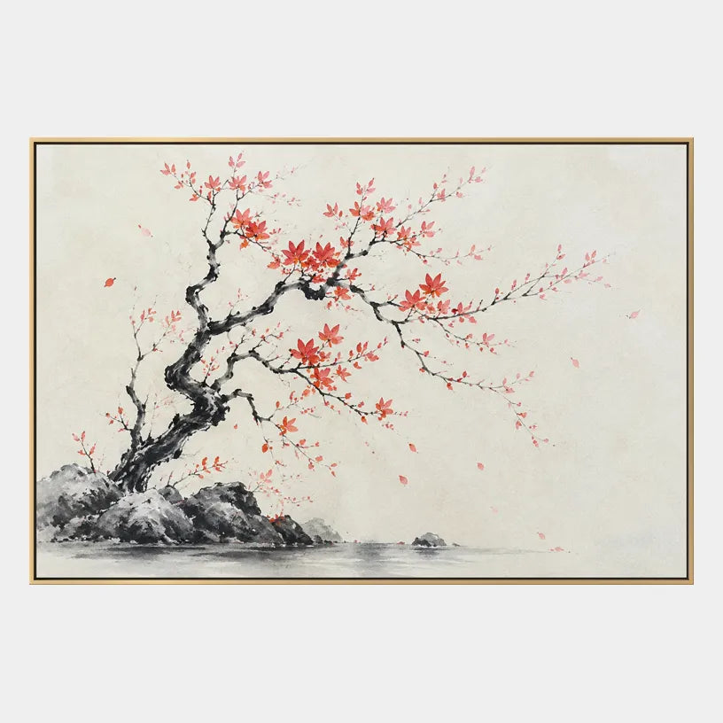 Modern Ukiyo-E landscapes & seascapes & cityscapes oil painting showing a painterly landscape with distant hills, trees or reflective water.