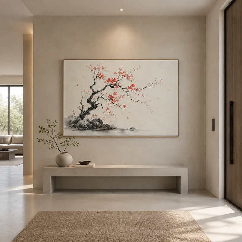 Modern Ukiyo-E landscapes & seascapes & cityscapes oil painting showing a painterly landscape with distant hills, trees or reflective water.
