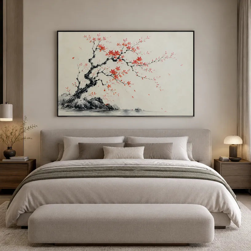 Modern Ukiyo-E landscapes & seascapes & cityscapes oil painting showing a painterly landscape with distant hills, trees or reflective water.