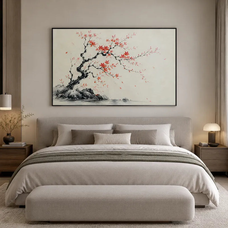Pintura al óleo moderna Ukiyo-E floral/botánica y natural con formas botánicas, flores o elementos naturales en una composición pictórica.
