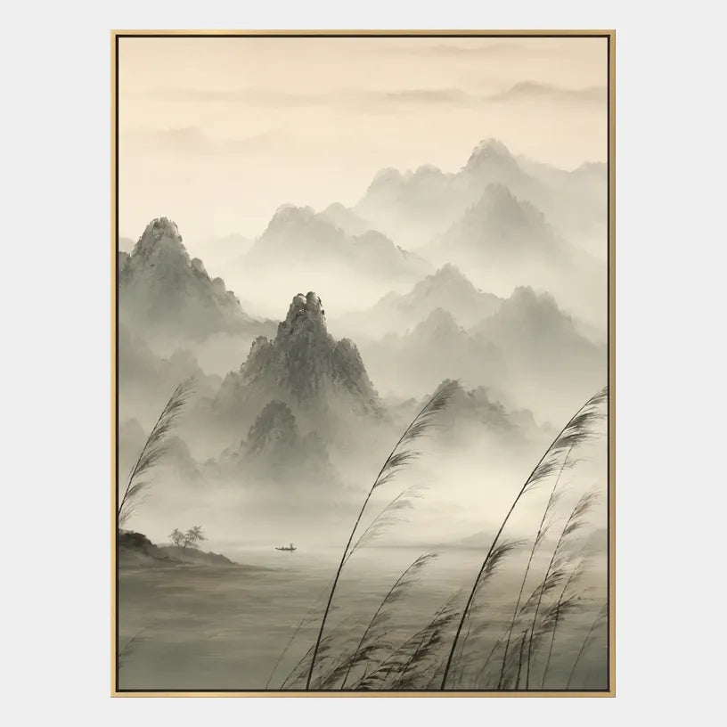 Modern Ukiyo-E landscapes & seascapes & cityscapes oil painting showing a painterly landscape with distant hills, trees or reflective water in a beige palette.