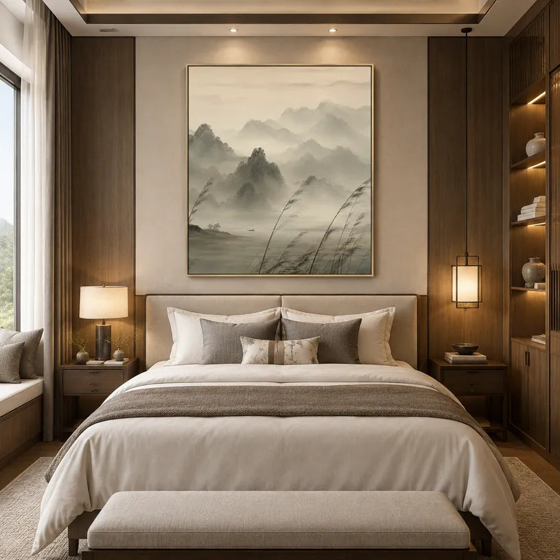 Modern Ukiyo-E landscapes & seascapes & cityscapes oil painting showing a painterly landscape with distant hills, trees or reflective water in a beige palette.
