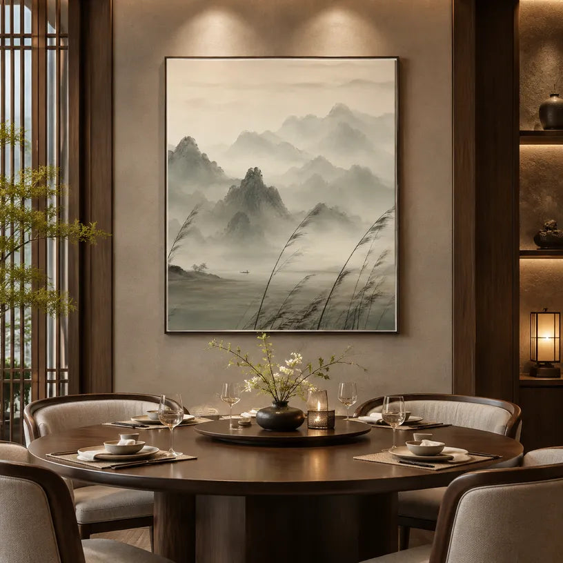 Modern Ukiyo-E landscapes & seascapes & cityscapes oil painting showing a painterly landscape with distant hills, trees or reflective water in a beige palette.