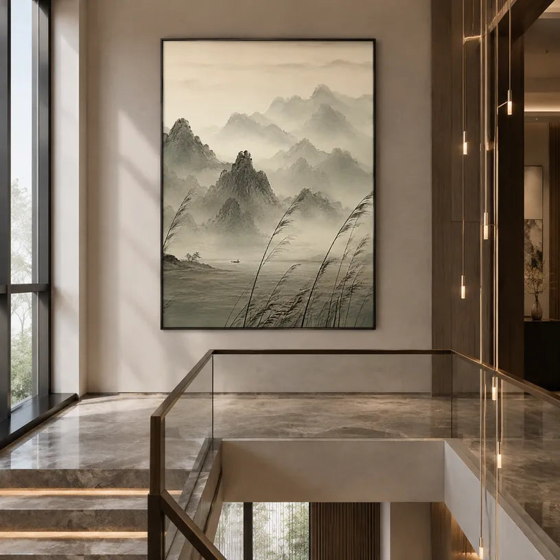 Modern Ukiyo-E landscapes & seascapes & cityscapes oil painting showing a painterly landscape with distant hills, trees or reflective water in a beige palette.