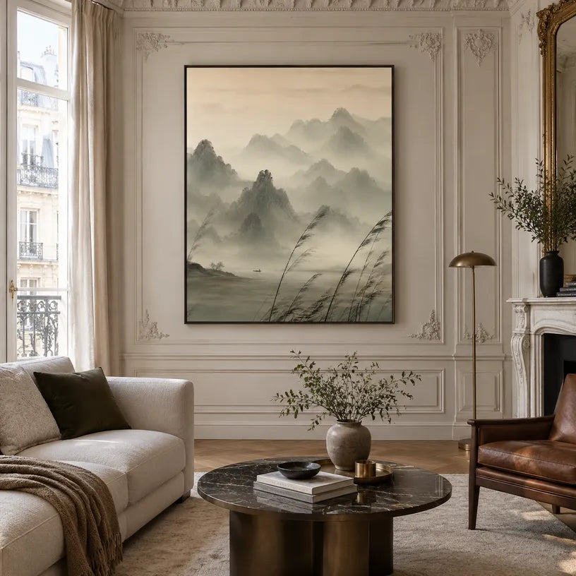 Modern Ukiyo-E landscapes & seascapes & cityscapes oil painting showing a painterly landscape with distant hills, trees or reflective water in a beige palette.