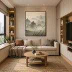 Modern Ukiyo-E landscapes & seascapes & cityscapes oil painting showing a painterly landscape with distant hills, trees or reflective water in a beige palette.