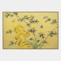 Modernes Blumen-/Pflanzen- und Naturölgemälde von Ukiyo-E mit botanischen Formen, Blumen oder natürlichen Elementen in einer malerischen Komposition in einer gelben Palette.