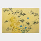 Modern Ukiyo-E floral/botanicals & nature oil painting showing botanical forms, flowers or trees arranged in a calm painterly composition in a yellow palette.