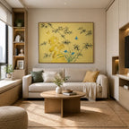 Modern Ukiyo-E floral/botanicals & nature oil painting showing botanical forms, flowers or trees arranged in a calm painterly composition in a yellow palette.