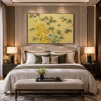 Modern Ukiyo-E floral/botanicals & nature oil painting showing botanical forms, flowers or trees arranged in a calm painterly composition in a yellow palette.