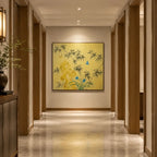 Modern Ukiyo-E floral/botanicals & nature oil painting showing botanical forms, flowers or trees arranged in a calm painterly composition in a yellow palette.