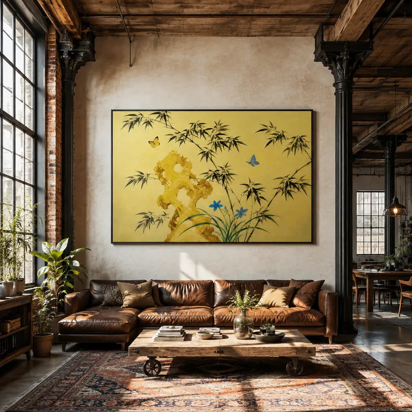 Modern Ukiyo-E floral/botanicals & nature oil painting showing botanical forms, flowers or trees arranged in a calm painterly composition in a yellow palette.