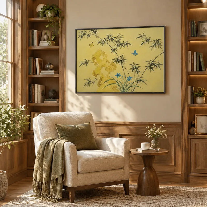 Modernes Blumen-/Pflanzen- und Naturölgemälde von Ukiyo-E mit botanischen Formen, Blumen oder natürlichen Elementen in einer malerischen Komposition in einer gelben Palette.