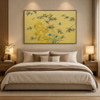 Modern Ukiyo-E floral/botanicals & nature oil painting showing botanical forms, flowers or trees arranged in a calm painterly composition in a yellow palette.