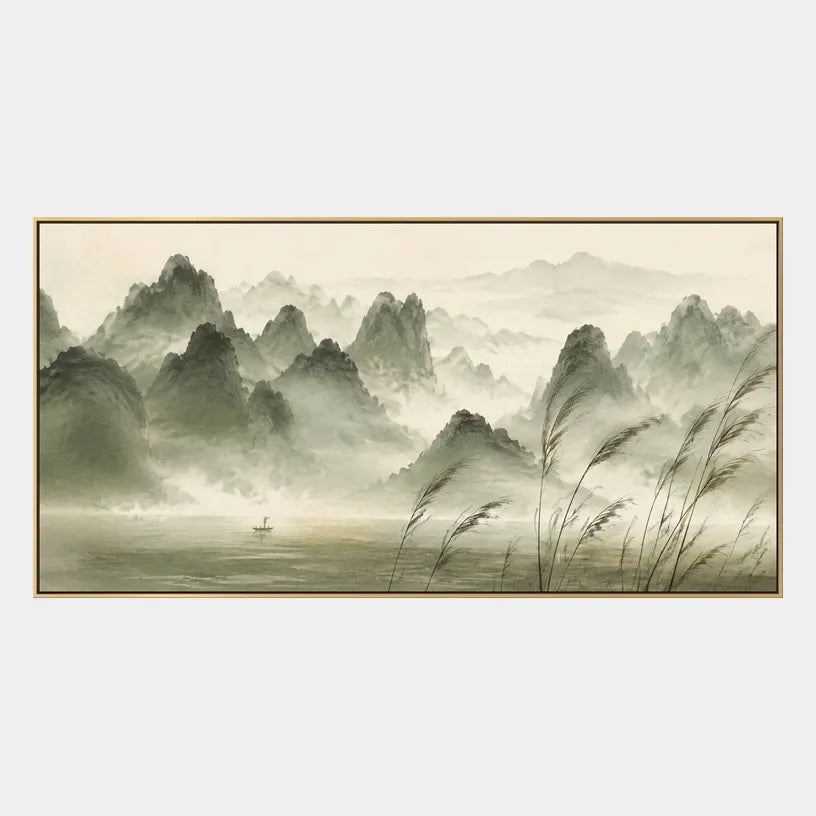 Modern Ukiyo-E landscapes & seascapes & cityscapes oil painting showing a painterly landscape with distant hills, trees or reflective water in a yellow palette.