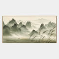 Pintura al óleo moderna de paisajes, paisajes marinos y paisajes urbanos de Ukiyo-E que presenta una composición atmosférica inspirada en un paisaje, un paisaje marino o una ciudad en una paleta verde.