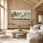 Modern Ukiyo-E landscapes & seascapes & cityscapes oil painting showing a painterly landscape with distant hills, trees or reflective water in a yellow palette.